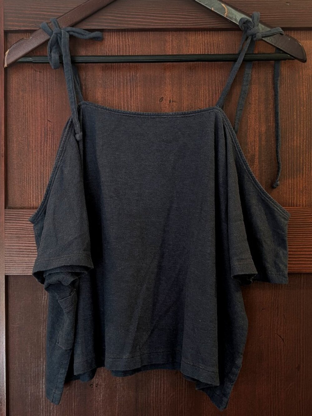 Small Midnight Bohemian Folk Tie Off Shoulder Top Side Slits Hemp Cotton Blend